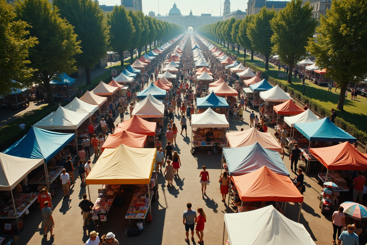Vue aérienne d un marché aux puces européen avec tentes colorées et foule